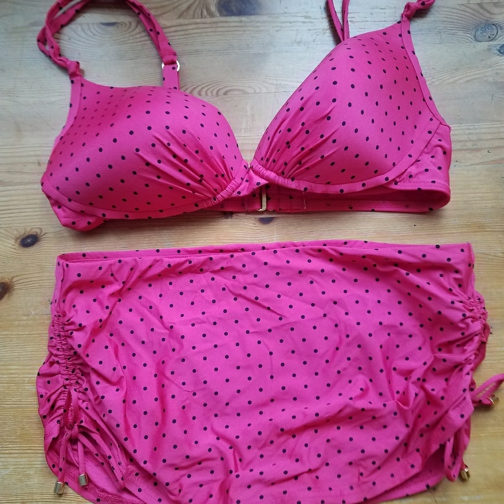 Pink polka dot skirted bathing suit